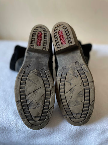 BRAND NEW RIEKER BLACK LEATHER & SUEDE ZIP & BUCKLE TRIM HEELED ANKLE BOOTS SIZE 4/37