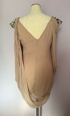 FRENCH CONNECTION NUDE BEADED & SEQUIN TRIM DRAPED SILK TOP SIZE 12 - Whispers Dress Agency - Womens Tops - 4
