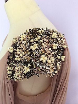 FRENCH CONNECTION NUDE BEADED & SEQUIN TRIM DRAPED SILK TOP SIZE 12 - Whispers Dress Agency - Womens Tops - 3