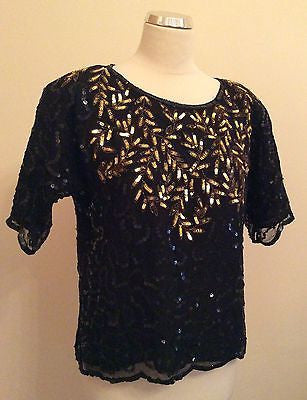 Razzle Dazzle Black & Gold Bead & Sequin Trim Silk Top Size 12 - Whispers Dress Agency - Womens Tops - 1