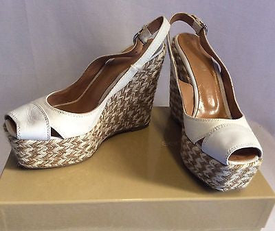 Sergio Rossi Ivory/Beige Canvas & Leather Wedge Heel Peeptoe Sandals Size 3/36 - Whispers Dress Agency - Womens Wedges - 1
