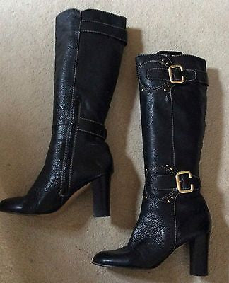 Fiona Mcguinness Black Leather Buckle Trims Heeled Knee High Boots Size 7/40 - Whispers Dress Agency - Womens Boots - 2