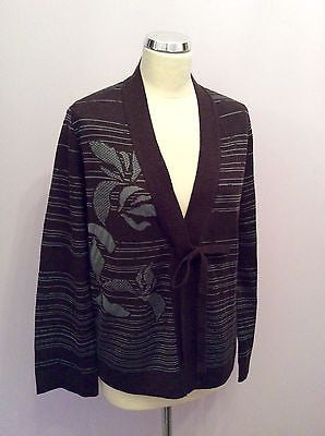 Nitya Dark Brown & Green Stripe & Floral Design Wool V Neck Cardigan Size 10 - Whispers Dress Agency - Womens Knitwear - 1