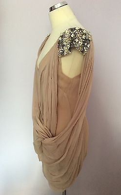 FRENCH CONNECTION NUDE BEADED & SEQUIN TRIM DRAPED SILK TOP SIZE 12 - Whispers Dress Agency - Womens Tops - 2