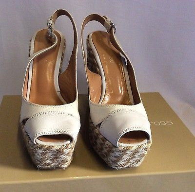 Sergio Rossi Ivory/Beige Canvas & Leather Wedge Heel Peeptoe Sandals Size 3/36 - Whispers Dress Agency - Womens Wedges - 2