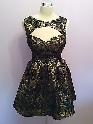 Rare London Black & Gold Metalic Print Party / Prom Dress Size 8 - Whispers Dress Agency - Womens Eveningwear - 1