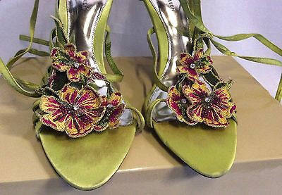 Karen Millen Lime Green Satin Jewelled Flower Trim Tie Leg Sandals Size 7/40 - Whispers Dress Agency - Womens Occasion & Evening Shoes - 2