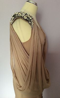 FRENCH CONNECTION NUDE BEADED & SEQUIN TRIM DRAPED SILK TOP SIZE 12 - Whispers Dress Agency - Womens Tops - 6