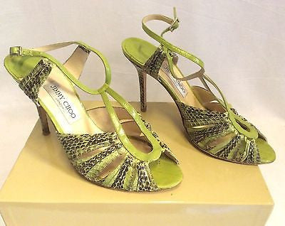 Jimmy Choo Raven Elaphe Green Snakeskin Strappy Heel Sandals Size 7/40.5 - Whispers Dress Agency - Womens Sandals - 1