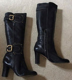 Fiona Mcguinness Black Leather Buckle Trims Heeled Knee High Boots Size 7/40 - Whispers Dress Agency - Womens Boots - 1