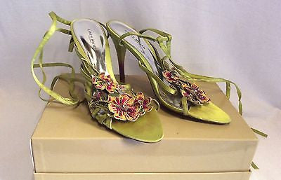 Karen Millen Lime Green Satin Jewelled Flower Trim Tie Leg Sandals Size 7/40 - Whispers Dress Agency - Womens Occasion & Evening Shoes - 1