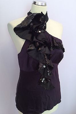Karen Millen Aubergine Silk & Black Sequin Frill Trim Halterneck Top Size 14 - Whispers Dress Agency - Womens Tops
