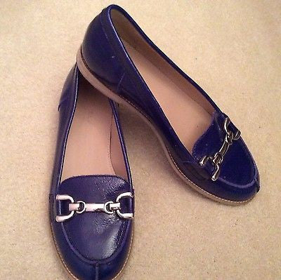 Carvela Blue Leather & Silver Metal Trim Loafers Size 4/37 - Whispers Dress Agency - Sold - 1