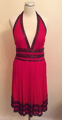 Brand New Marcelane Red & Black Bead & Sequinned Silk Halterneck Dress Size 12 - Whispers Dress Agency - Womens Eveningwear - 1