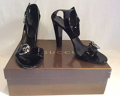 Gucci Black Patent Buckle Trim Strap Heeled Sandals Size 7/40.5 - Whispers Dress Agency - Sold - 1