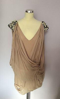 FRENCH CONNECTION NUDE BEADED & SEQUIN TRIM DRAPED SILK TOP SIZE 12 - Whispers Dress Agency - Womens Tops - 1