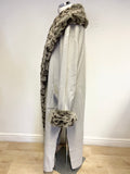 HELEN SYKES PALE GREY FAUX FUR TRIMMED WOOL BLEND KNIT LONG COAT SIZE XL