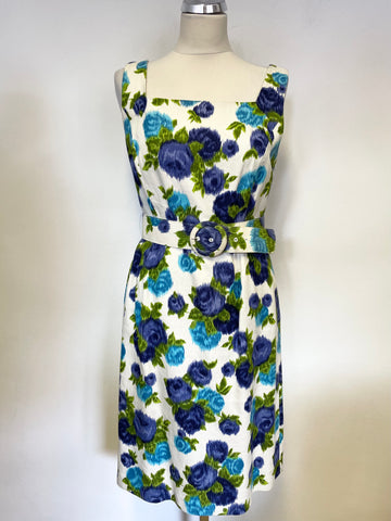 PHASE EIGHT IVORY WITH TURQUOISE,PURPLE & GREEN FLORAL PRINT SLEEVELESS BELTED DRESS SIZE 12
