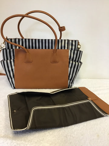 BRAND NEW RARE HENRI BENDEL MISS BENDEL TAN LEATHER & BROWN STRIPE BABY / TRAVEL BAG