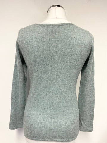 PURE COLLECTION DUCK EGG & RED HEART TRIM CASHMERE JUMPER SIZE 10