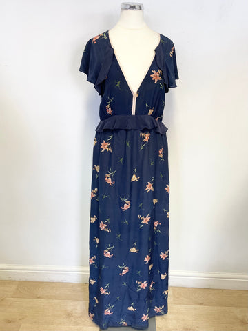 FRENCH CONNECTION DARK BLUE FLORAL PRINT SILK MAXI DRESS SIZE 10