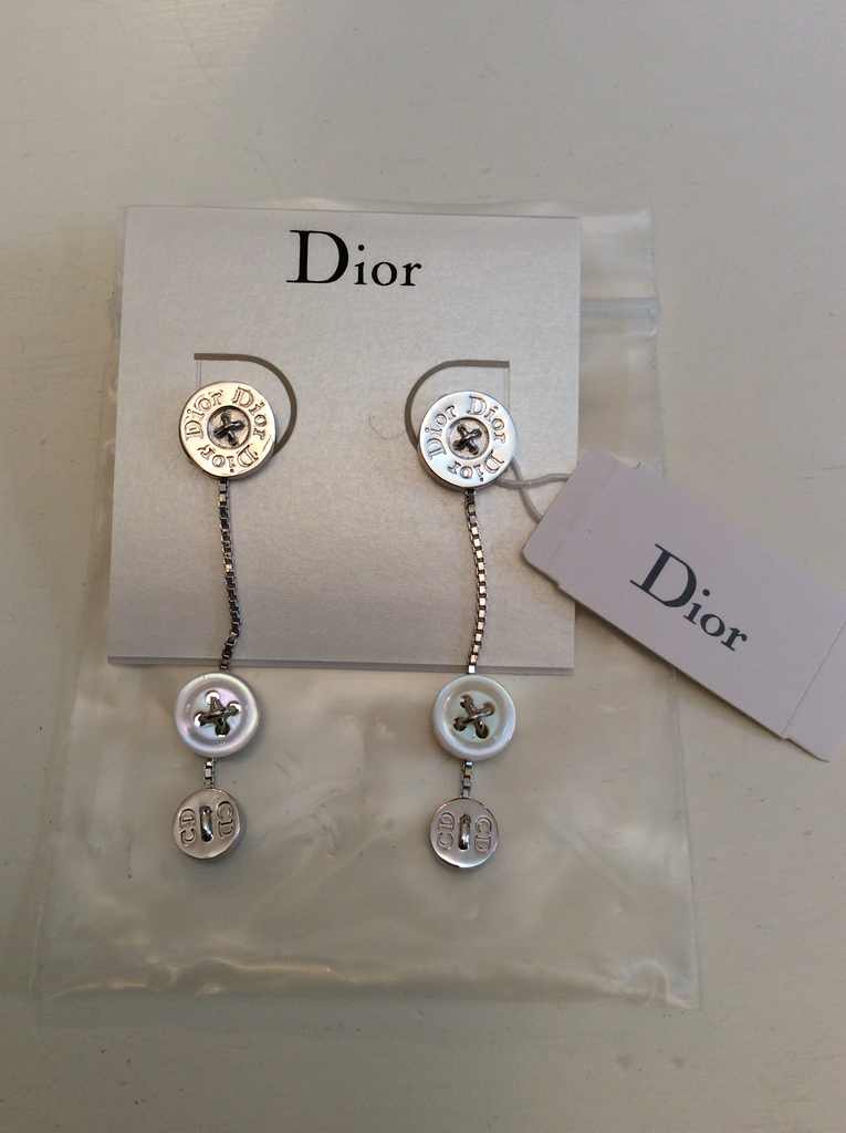 BRAND NEW CHRISTIAN DIOR SILVER BUTTON DESIGN DROP EARRINGS  Whispers  Dress Agency