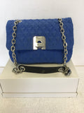 JAEGER BLUE EMBOSSED STITCHED FABRIC & SILVER CHAIN STRAP SHOULDER BAG
