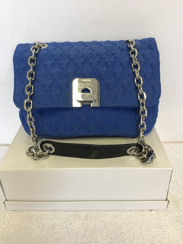 JAEGER BLUE EMBOSSED STITCHED FABRIC & SILVER CHAIN STRAP SHOULDER BAG