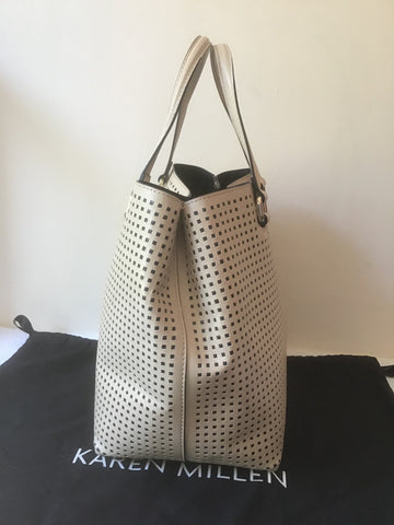 KAREN MILLEN CREAM & BLACK LINED HOLE PUNCHED LEATHER TOTE/ HAND BAG
