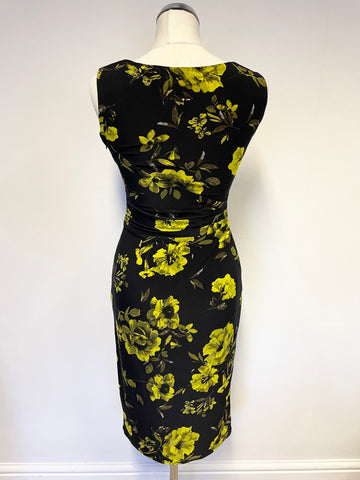 PHASE EIGHT BLACK & LIME FLORAL PRINT SLEEVELESS PENCIL DRESS SIZE 8