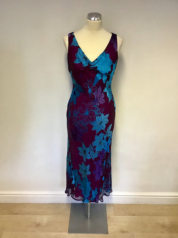 MONSOON BURGUNDY & TURQUOISE FLORAL PRINT SILK BLEND DRESS SIZE 10