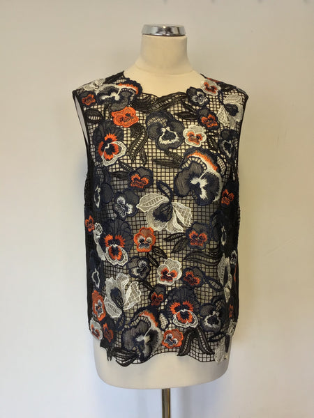 KAREN MILLEN BLACK,BLUE,ORANGE & WHITE EMBROIDERED TOP SIZE 14