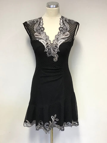 KAREN MILLEN BLACK & SILVER GREY EMBROIDERED SLEEVELESS  SPECIAL OCCASION DRESS SIZE 10