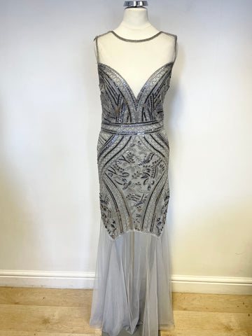IZABEL LONDON PALE GREY & SILVER BEADED & SEQUINNED NET TRIM LONG EVENING DRESS SIZE 8