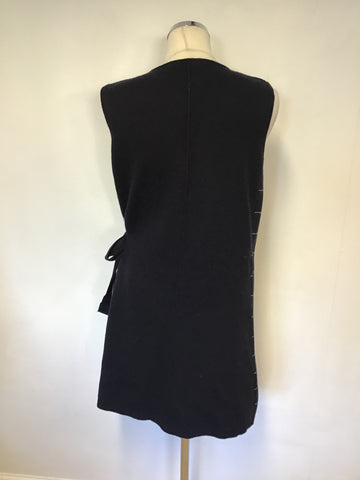 MINT VELVET DARK BLUE & CREAM PINSTRIPE WOOL BLEND SLEEVELESS TIE SIDE JACKET SIZE M