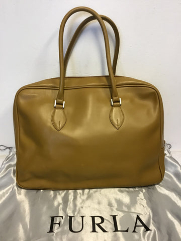 FURLA CAMEL LEATHER TOTE BAG WITH SHOULDER STRAP