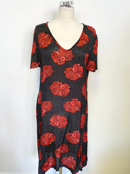 MASAI BLACK & RED FLORAL PRINT SHORT SLEEVE SHIFT DRESS SIZE M