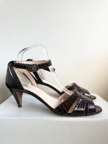 HOBBS DARK BROWN LEATHER SNAKESKIN PRINT OPEN TO ANKLE STRAP SANDALS SIZE 7/40