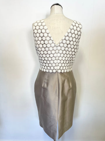 HOBBS INVITATION OYSTER BEIGE WITH WHITE CROCHET LACE TRIM PENCIL DRESS & JACKET SUIT SIZE 14