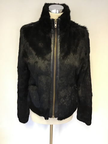 ZARA WOMAN BLACK RABBIT FUR & LEATHER ZIP UP JACKET SIZE L