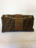 FENDI MALVA BROWN CLOTH & LEATHER TRIM GOLD CHAIN SHOULDER STRAP BAGUETTE