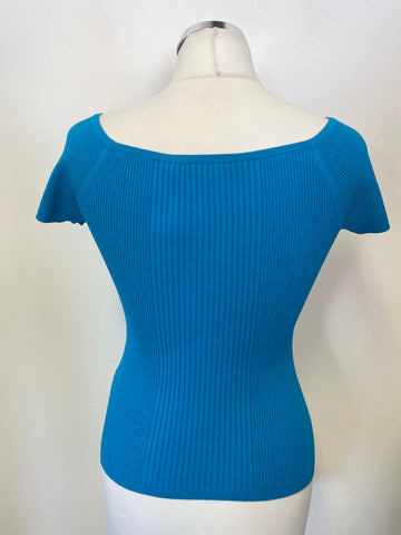 KAREN MILLEN TURQUOISE RIB KNIT BOAT NECKLINE CAP SLEEVE TOP SIZE M