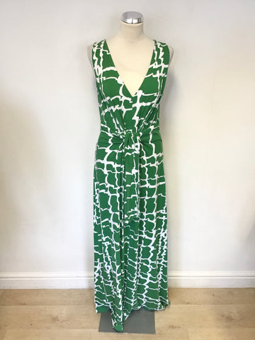 HOBBS GREEN & WHITE PRINT SLEEVELESS STRETCH JERSEY MAXI DRESS SIZE 16