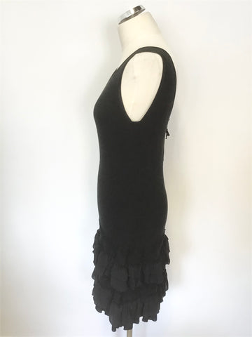 KAREN MILLEN BLACK SLEEVELESS FRILL TRIM KNIT DRESS SIZE 3 UK 10/12