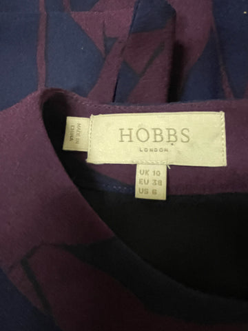 HOBBS NAVY & BURGUNDY PRINT LONG SLEEVE SHIFT DRESS SIZE 10