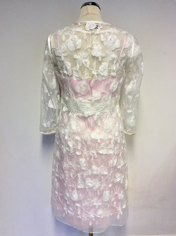 BRAND NEW DRESS CODE BY VEROMIA PINK LINED & SHEER WHITE EMBROIDERED OVERLAY DRESS & SHEER DUSTER COAT SIZE 16