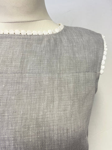 HOBBS GREY LINEN & WHITE TRIM SLEEVELESS SHEATH DRESS SIZE 10