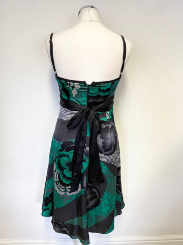 TED BAKER BLACK,GREY & GREEN PRINT SILK STRAPPY SPECIAL OCCASION DRESS SIZE 2 UK 10