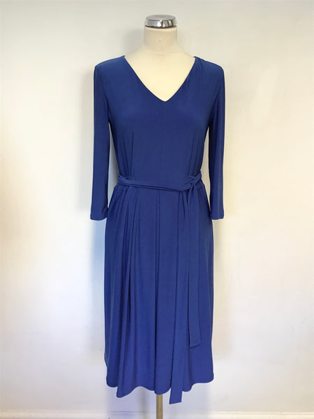 HOBBS BLUE V NECKLINE 3/4 SLEEVE TIE BELT FIT & FLARE DRESS SIZE 12