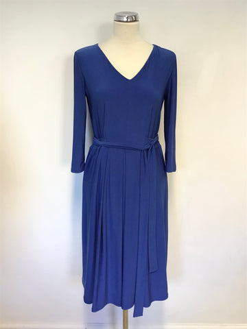 HOBBS BLUE V NECKLINE 3/4 SLEEVE TIE BELT FIT & FLARE DRESS SIZE 12